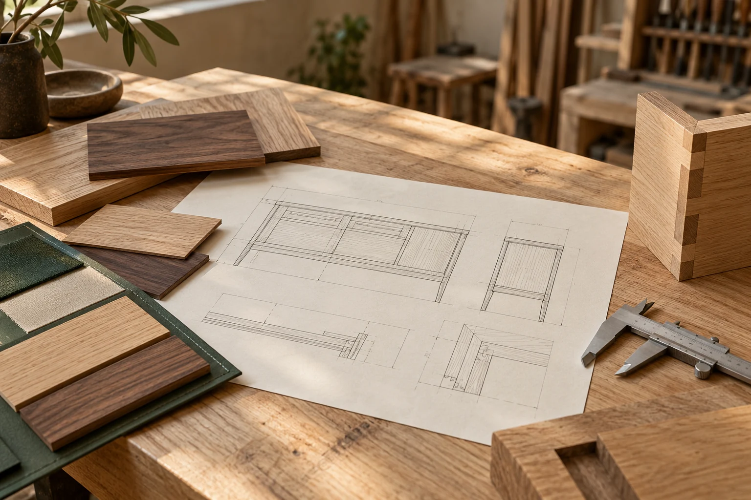 Minh họa bàn làm việc với bản vẽ tủ, mẫu gỗ và thước đo, thể hiện bước trao đổi từ thiết kế đến cấu tạo